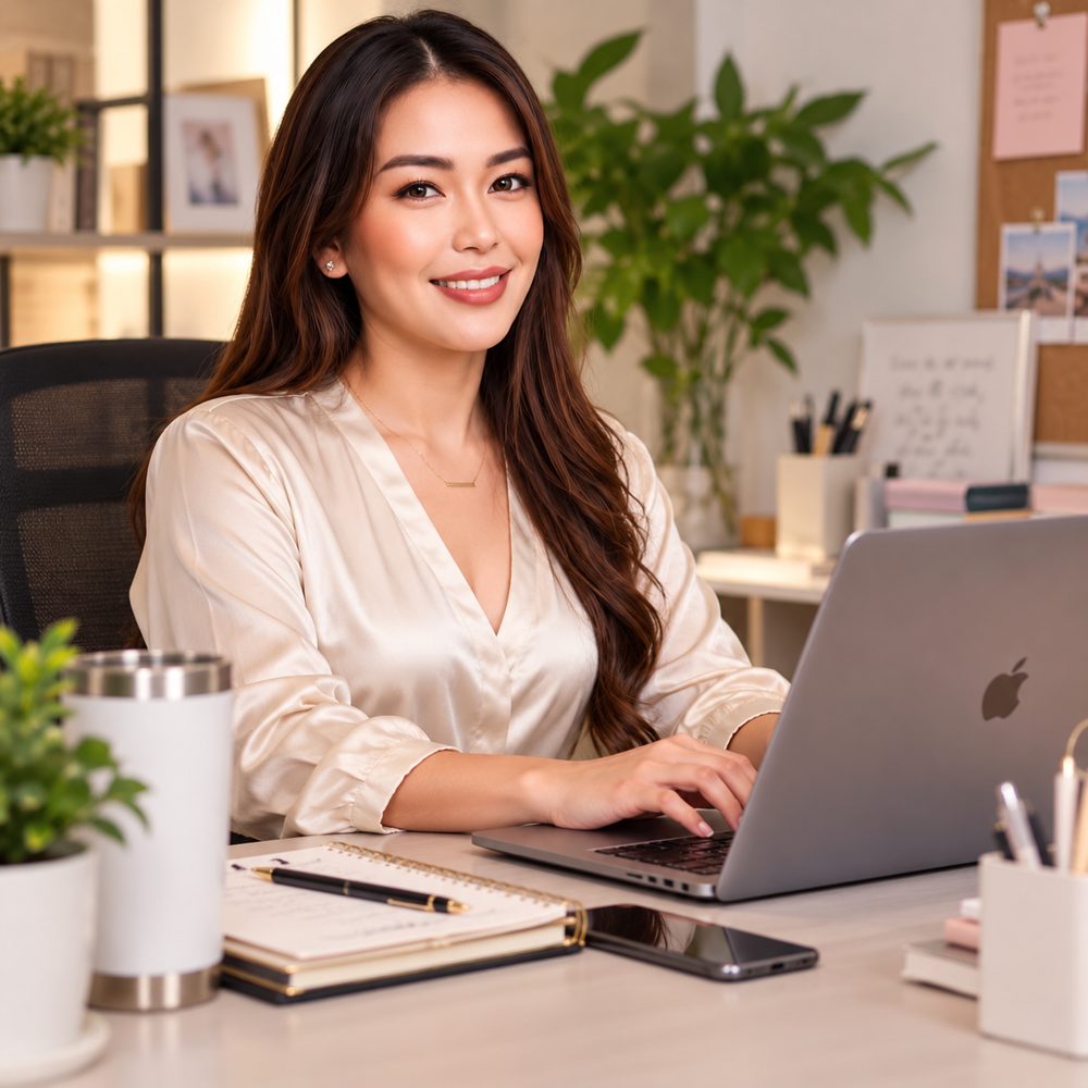 Cate Santos working at her desk with a laptop and planner